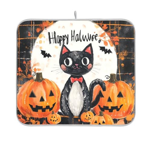 Happy Halloween Kürbis schwarze Katzen-Abtropfmatte, wiederverwendbar, rechteckig, klein, 40,6 x 45,7 cm, leicht zu reinigen, dekorative Heimdekoration von BCFHRGT