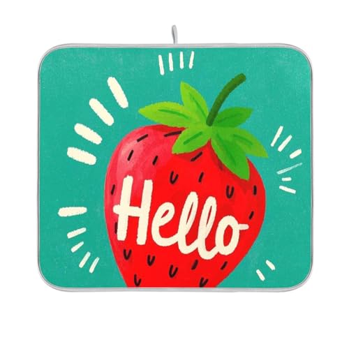 Hello Cartoon süße rote Erdbeer-Geschirrmatte, wiederverwendbar, rechteckig, kleine Abtropfmatten für Geschirr, 40,6 x 45,7 cm, leicht zu reinigen, dekorative Heimdekoration von BCFHRGT