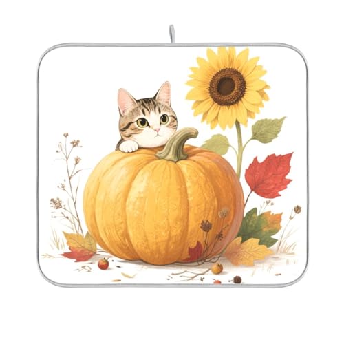 Hello Fall Herbst Katze Kürbis Sonnenblume Abtropfmatte wiederverwendbar rechteckig kleines Abtropfgestell Pad 40,6 x 45,7 cm leicht zu reinigen dekorative Heimdekoration Essentials von BCFHRGT