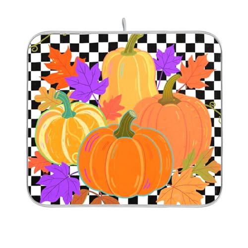 Hello Fall Herbst Kürbis kariert kariert Geschirr Abtropfmatte wiederverwendbar rechteckig kleine Abtropfmatten für Küchentheke 40,6 x 45,7 cm leicht zu reinigen dekorative Heimdekoration Essentials von BCFHRGT