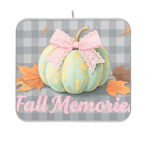 Hello Fall Herbst Kürbis kariert kariert grau Geschirrabtropfmatte wiederverwendbar rechteckig kleine Abtropfmatte 40,6 x 45,7 cm leicht zu reinigen dekorative Heimdekoration Essentials von BCFHRGT