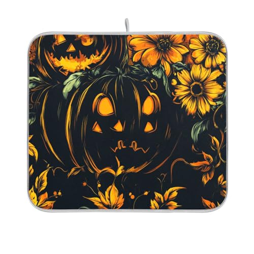 Jack-o'-Lantern Kürbis Floral Halloween Abtropfmatte wiederverwendbar rechteckig kleine Abtropfmatten für Geschirr 40,6 x 45,7 cm leicht zu reinigen dekorative Heimdekoration Essentials von BCFHRGT
