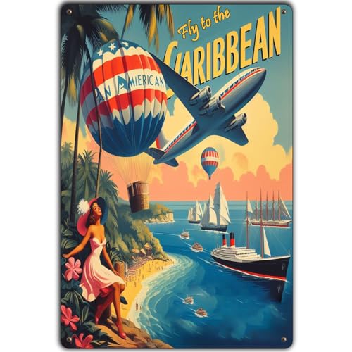 BCHUAN Vintage-Metallschilder "Fly to the Caribbean Retro Travel Poster of Statue Liberty Against the Sunny Sky", Wanddekoration für Männer und Frauen, Raumdekoration für Zuhause, Bars, Clubs, Cafés BCHUAN Vintage-Metallschilder "Fly to the Caribbean Retro Travel Poster of Statue Liberty Against the Sunny Sky", Wanddekoration für Männer und Frauen, Raumdekoration für Zuhause, Bars, Clubs, Cafés von BCHUAN