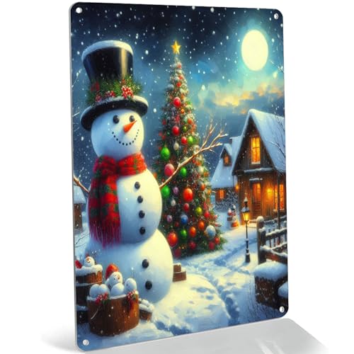 BCHUAN Weihnachts-Schneemann-Blechschilder, Retro-Poster, niedlicher Schneemann, Weihnachtsbaum, Wandkunst, Dekoration, Weihnachtsdekoration für drinnen und draußen, Garten, 30,5 x 20,3 cm von BCHUAN