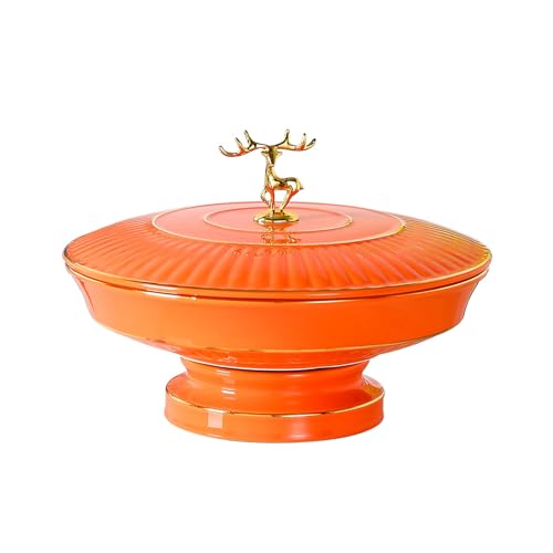 BCJMKDX Snack-Tablett, Runder Keramik-Organizer zur Lebensmittelaufbewahrung mit 4 Fächern, Vorspeisentablett mit Deckel, unterteilter Weihnachts-Snackteller(Orange) von BCJMKDX