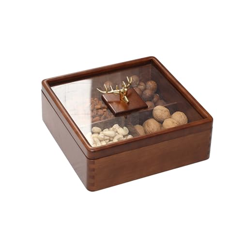 BCJMKDX Snack-Tablett, Unterteilte Servierschalen mit Deckel, tragbares quadratisches Nusstablett aus Holz, Nusstablett mit 4 Fächern for Chips, Trockenfrüchte, Süßigkeiten von BCJMKDX
