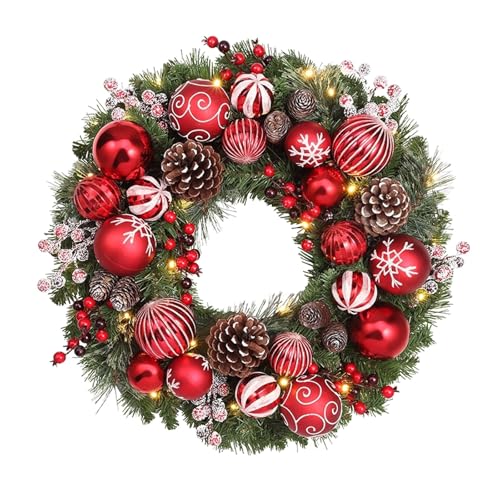Kränze. Girlanden zur Weihnachtsdekoration, mit Tannenzapfen, roten Beeren, Lorbeerfrüchten, Kugeldekorationen, Heimdekoration, Feiertagsparty for Haustür, Fenster, Wand(60cm/23.6in) von BCJMKDX