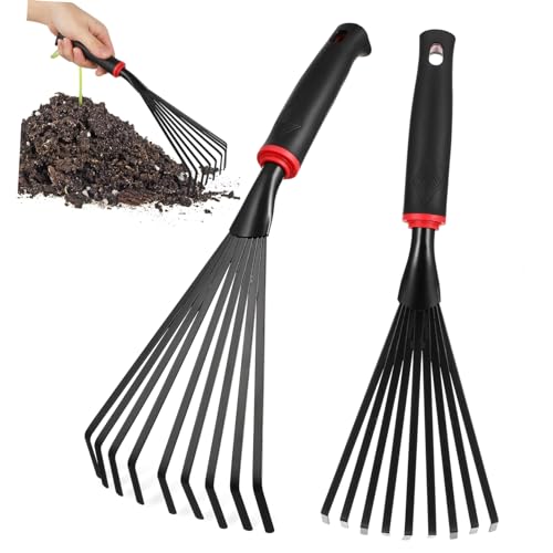 BCOATH 2 Stück Kleine Handrechen aus Robustem Eisen mit Ergonomischem Griff Kompakter Gartenrechen für Unkrautjätung Bodenlockerung und Laubentfernung in Beeten und Engen Bereichen von BCOATH
