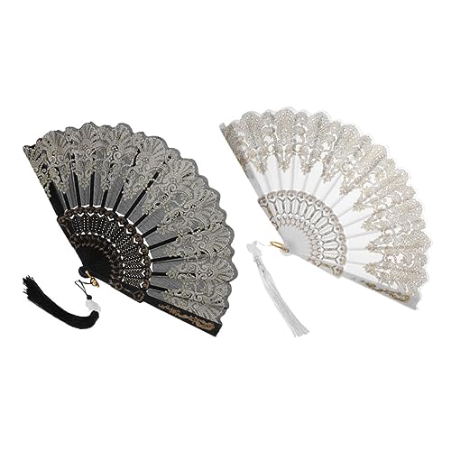 BCOATH 2 Stück Teiliges Faltbarer Handfächer mit Feiner Stickerei und Goldverzierten Details Eleganter Vintage-stil Leicht zu Öffnen mit Dekorativem Quastenanhänger für Damen und von BCOATH