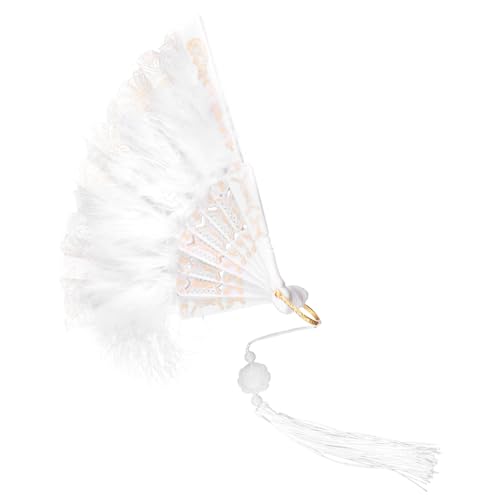 BCOATH Vintage Gestickter Federfächer Handfächer mit Weißer Plume Faltbarer Handventilator für Tanzshow Kostüm und Party Stabiles Material als Fotorequisite und von BCOATH