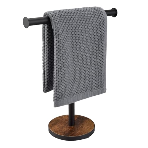 BCOZLUX Handtuchhalter-Ständer, Handtuchständer für Bad und Küche, freistehender Handtuchhalter mit beschwertem Holzsockel, rustikales Schwarz und Braun von BCOZLUX