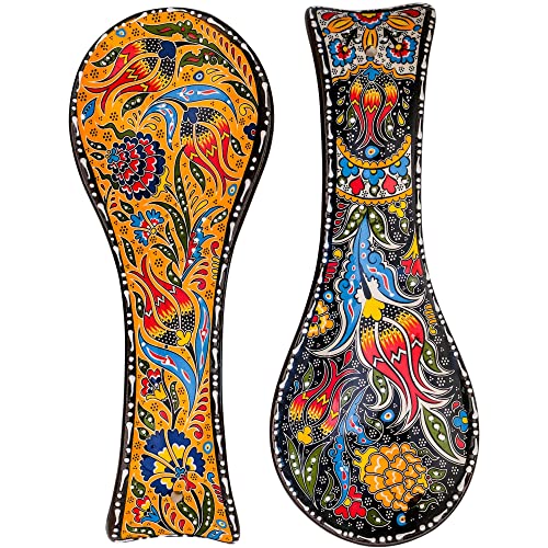 BCS Löffelablage Set von 2 – Keramik-Löffelhalter für Herd & Küchentheke – spülmaschinenfest, handgefertigt, Küchenhelfer (gelb-schwarz, 8,9 cm B x 22,9 cm L) von BCS