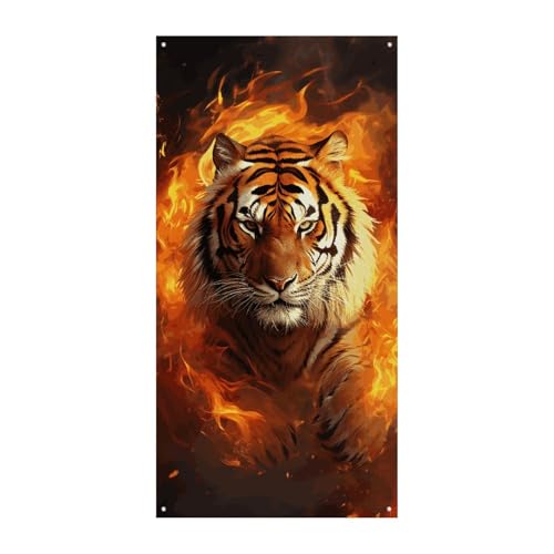 Cooler Tiger in Flamme Türabdeckung Frühling Sommer hängende Flagge Veranda Schild Outdoor saisonal Urlaub Hof Dekor für Haustür und Veranda von BCSRVCE