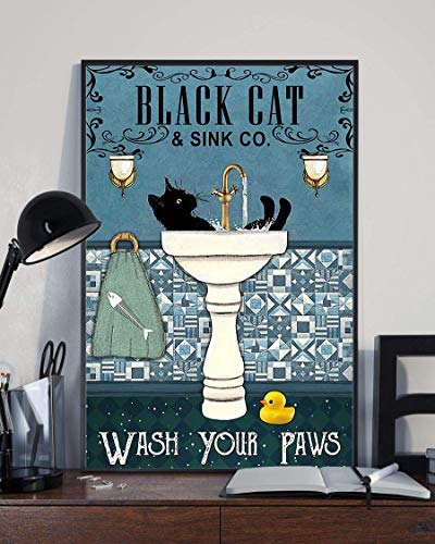 Schwarze Katze Wash Your Paw Lustiges Katzenliebhaber Geschenk Retro Vintage Badezimmer Dekor Poster Wandkunst Dekor Metallschild Poster 20,3 x 30,5 cm von BCTS