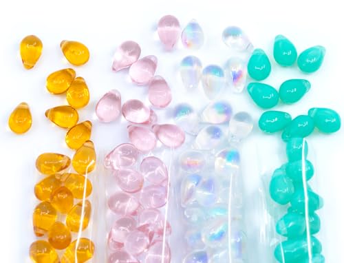 120+ Bead Kit of 6x9mm Pendant Drop Beads - Teardrop Glass Beads for Jewelry Making Set in 4 Gentle Distinct Colors: Pink, Opal Turquoise, Amber, Crystal AB von BCV Glass
