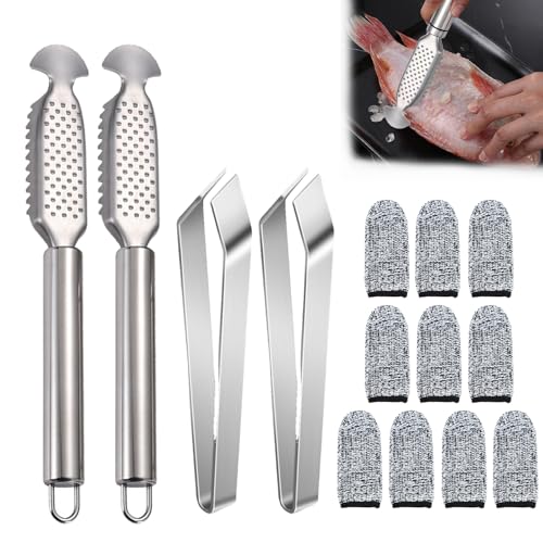 BCYSNR 2 Stück Fischentschupper Edelstahl, 3-in-1 Fisch Scaler Scraper mit Grätenpinzette und Fingerschutz Schneiden, Verwendet zum Sezieren und Reinigen von Fischinnereien von BCYSNR