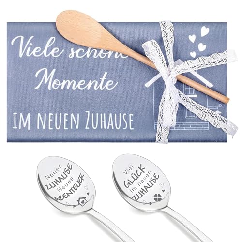 Einweihungsgeschenk Haus, Geschirrtuch mit Spruch Neuen Zuhause Geschirrtuch zum Einzug + Holzlöffel + 2 Kaffeelöffel Geschenk aus für Umzug Neues Zuhause Wohnung Geschenk(Viele Schöne Momente) von BCYSNR