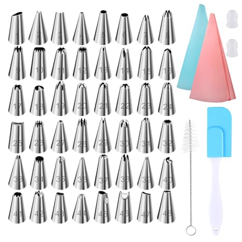 Spritzbeutel mit Tüllen Set mit 48 Spritztüllen, 2* Spritzbeutel, 1 Schaber, 1 * Reinigungsbürste, Spritztüllen Set Wiederverwendbar, Tüllen für Spritzbeute für Cupcakes Torten Stützen Kuchen von BCYSNR
