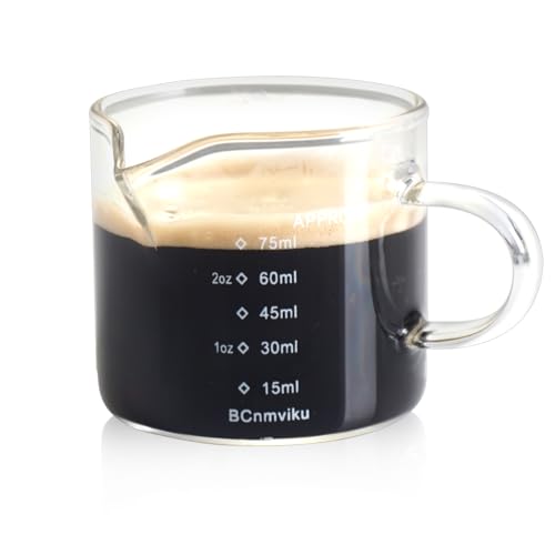 BCnmviku Espresso-Messbecher aus Glas, dreifacher Krug, Milchbecher, 75 ml, Espressotassen mit Griff, Espresso-Schnapsglas mit V-förmiger Öffnung, klares Glas, Espresso-Zubehör, Milchaufschäumkrug (1) von BCnmviku