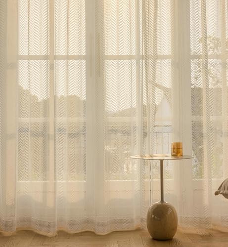 BCughia Durchsichtige Vorhänge Wohnzimmer, Vorhänge Weiß 2er Set 132x274 Fischgrät Textur Fenstervorhang Schlafzimmer von BCughia