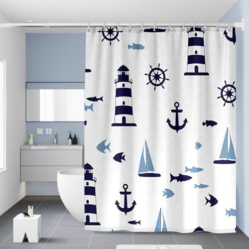 BCughia Duschvorhang 180x200CM, Duschvorhang Waschbar Textil Fisch, Boot, Leuchtturm, Ruder Polyester Shower Curtains Weiß Dunkelblau von BCughia