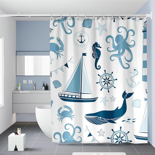BCughia Duschvorhang Leuchtturm Segelboot Anker Ruder Hai Oktopus Duschvorhänge 240 x 200 Anti-Schimmel Wasserdicht Polyester Stoff Waschbar Bad Vorhäng für Badzimmer mit 12 Haken von BCughia