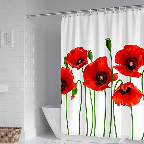 BCughia Duschvorhang Textil, Duschvorhang Antischimmel Waschbar Textil Rote Mohnblumen Polyester Rot Grün Weiß Duschvorhang 180x200cm(72" W x 80" H) von BCughia