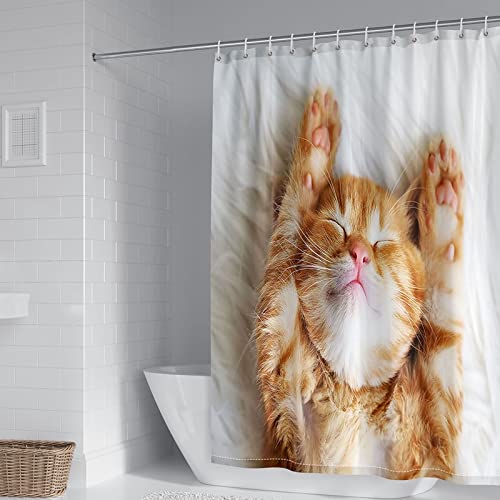 BCughia Duschvorhang Waschbar, Duschrollo für Badewanne Faule Katze Polyester Orange Duschvorhang 120x180cm(48" W x 72" H) von BCughia