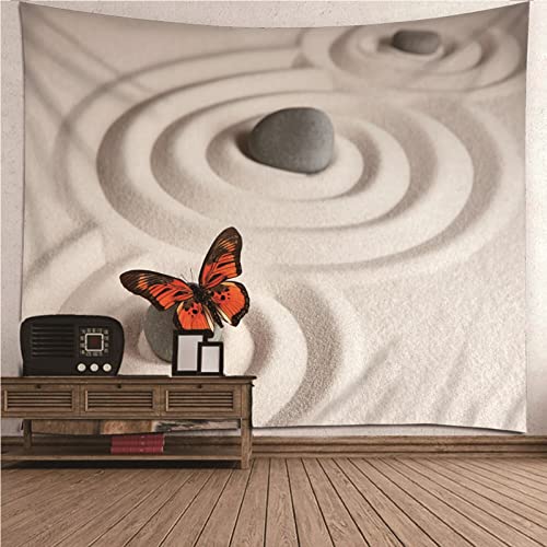 BCughia Tapisserie, Wandteppich Aesthetic Rot-Beige Polyester Schmetterlinge und Steine Im Sand Wandbehang 150x130cm (59" x 51") Moderne Wanddeko Geschenk von BCughia