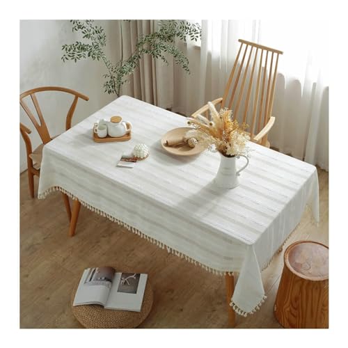 BCughia Tischdecke 120x160 Weiß, Tischdecke Abwaschbar Küche Rechteckig Polyester Streifen Hohl mit Quasten Tischbedeckung für Küche Esstisch Dekoration von BCughia