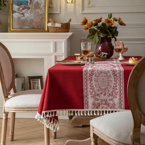 BCughia Tischdecken 100 x 140 cm, Rechteckig Tischdecke Abwaschbar Küche Polyester Blumen Jacquard mit Quasten Tischdecke für Küche,Esszimmer,Tischdekoration, Dunkelrot BCughia Tischdecken 100 x 140 cm, Rechteckig Tischdecke Abwaschbar Küche Polyester Blumen Jacquard mit Quasten Tischdecke für Küche,Esszimmer,Tischdekoration, Dunkelrot von BCughia