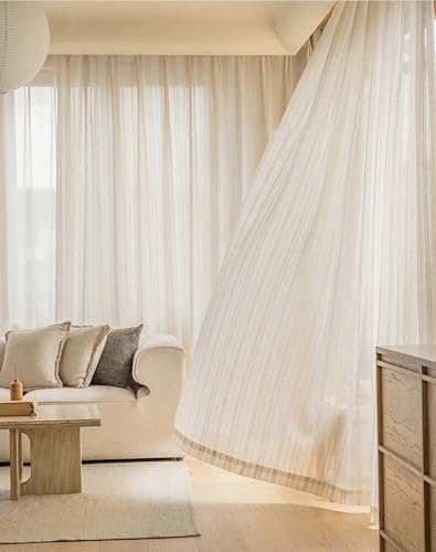 BCughia Vorhänge Schlafzimmer Beige, Gardine Vorhang Transparent 2er Set 102x183 Streifen Gewebt Vorhang Fenster Wohnzimmer von BCughia