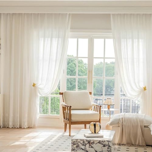BCughia Vorhang Gardine 2er Set, Vorhänge Weiß Durchsichtig 132x229 Gitter und Blüten Textur Moderne Gardinen Wohnzimmer von BCughia