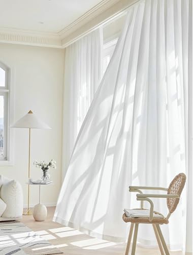 BCughia Vorhang Weiß 2er Set, Gardinen Transparent B 132 x H 160 cm Einfarbig Wohnzimmer Vorhang Set von BCughia