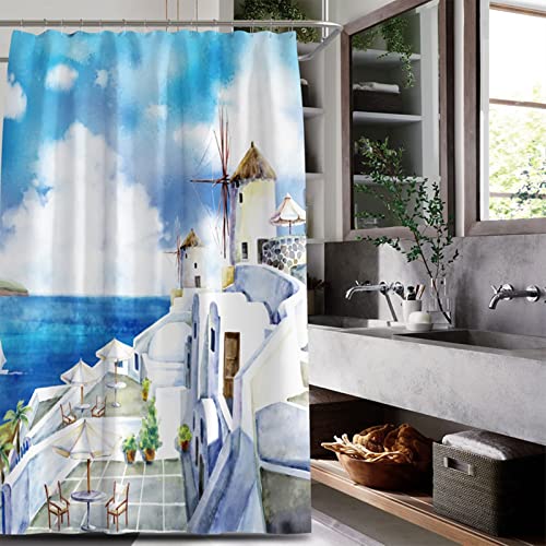 Duschrollo für Badewanne, Duschvorhang Leuchtturm Mittelmeer Polyester Weiß Blau Shower Curtain Set 80x180cm(31" W x 71" H) von BCughia