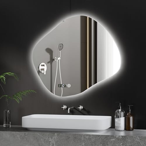 BD-Baode Asymmetrischer LED Badspiegel 74 x 84 cm LED Badspiegel mit Beleuchtung Spiegel mit Beleuchtung mit Touchschalter,Uhr und Dimmbar 3 Lichtfarbe Warmweiß Neutral Kaltweiß Lichtspiegel BD-Baode Asymmetrischer LED Badspiegel 74 x 84 cm LED Badspiegel mit Beleuchtung Spiegel mit Beleuchtung mit Touchschalter,Uhr und Dimmbar 3 Lichtfarbe Warmweiß Neutral Kaltweiß Lichtspiegel von BD-Baode