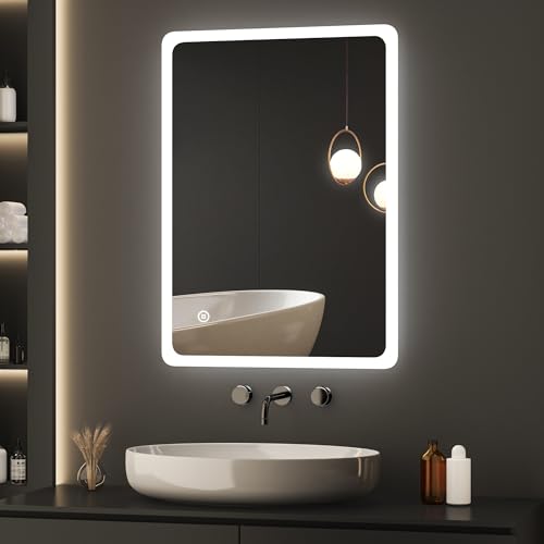 BD-Baode Badezimmer Spiegel mit LED 40x60cm LED-Spiegel mit Touchschalter 3 Lichtfarbe Warmweiß Neutral Kaltweiß LED Spiegel Wandspiegel Rechteckiger von BD-Baode