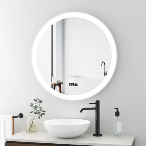 BD-Baode Badezimmer Spiegel mit LED 60cm Rund Spiegel mit Touchschalter Spiegel mit Beleuchtung Wandspiegel mit Uhr,3 Dimmbar Lichtfarbe Warmweiß Neutral Kaltweiß,3000-6500K von BD-Baode