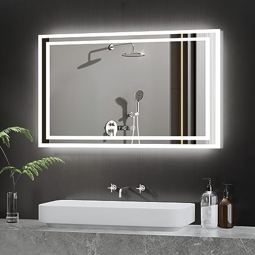 BD-Baode Badezimmer Spiegel mit LED 60x100cm LED-Spiegel mit Touchschalter und Uhr 3 Dimmbar Lichtfarbe Warmweiß Neutral Kaltweiß LED Spiegel Wandspiegel(Rechteckiger) von BD-Baode