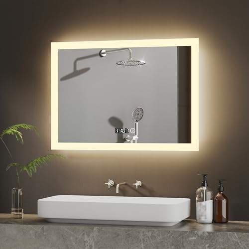 BD-Baode Badezimmer Spiegel mit LED 60x80cm LED Spiegel mit Uhr Wandspiegel WandSchalter mit Touchschalter und 3 Dimmbar Lichtfarbe Warmweiß Neutral Kaltweiß Rechteckiger von BD-Baode