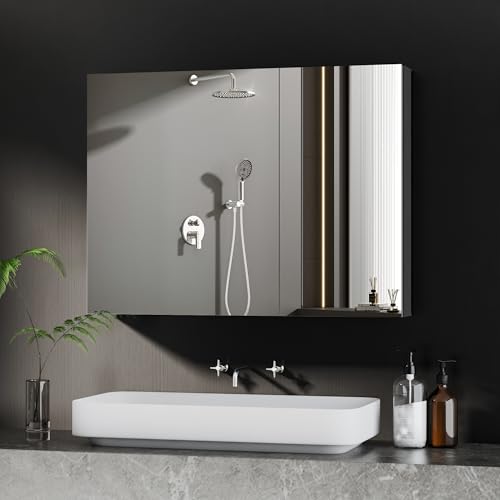BD-Baode Badezimmer Spiegelschrank,Badezimmerschrank mit Spiegel,Rechter Winkel Spiegelschrank Badezimmerschrank mit Verstellbarem Einlegeboden,60 x 80 x 12,5 cm,Schwarzer Metallrahmen von BD-Baode