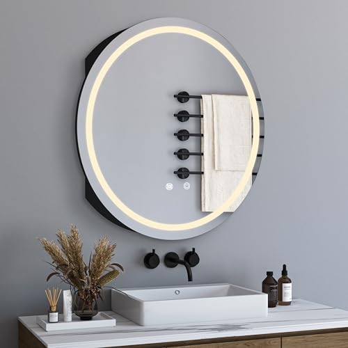 Badezimmer Spiegelschrank mit Beleuchtung,Rund LED Badezimmerschrank mit 3 Farbtemperatur Dimmbare,Touchschalter,Beschlagfrei,Stecker, Rasiersteckdose und 2 Abnehmbare Glasböden(80 x 80 x 13 cm) von BD-Baode