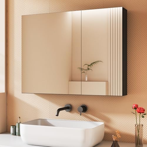 BD-Baode Badezimmerschrank mit Spiegel,Rechter Winkel Badezimmer Spiegelschrank,Spiegelschrank Badezimmerschrank mit Verstellbarem Einlegeboden,60 x 80 x 12,5 cm,Schwarzer Metallrahmen von BD-Baode