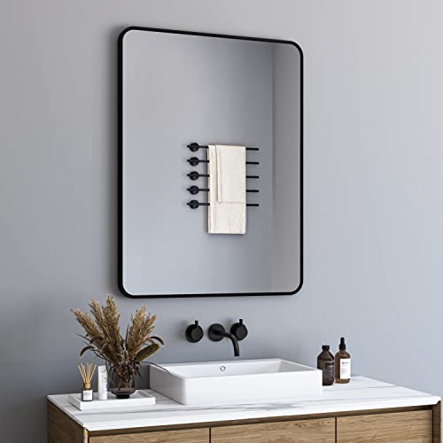 BD-Baode Badspiegel Ohne Beleuchtung 40x60 cm Rechteckiger Spiegel für Wand Schwarz Metallrahmen Wandspiegel für Badezimmer, Wohnzimmer, WC(Design mit Abgerundeten Ecken) von BD-Baode