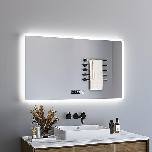 BD-Baode Badspiegel mit Beleuchtung, 60x100cm LED Badspiegel Lichtspiegel mit Dimmbar 3 Lichtfarbe 3000-6500K,Badezimmerspiegel mit Touch Schalter und Uhr,Rechteckiger von BD-Baode