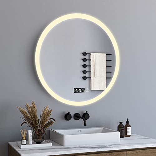 BD-Baode Badspiegel mit Beleuchtung, 60x60 cm Runder Badezimmerspiegel mit Touch Schalter,LED Badspiegel Lichtspiegel und Uhr,3 Lichtfarbe,Einstellbare Helligkeit, 3000-6500K von BD-Baode