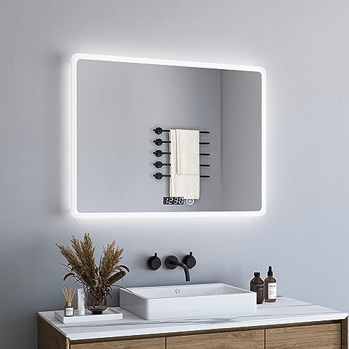 BD-Baode Badspiegel mit Beleuchtung, 60x80cm LED Badspiegel Lichtspiegel mit Dimmbar 3 Lichtfarbe 3000-6500K,Badezimmerspiegel mit Touch Schalter und Uhr,Rechteckiger von BD-Baode