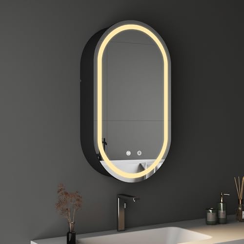 BD-Baode LED Beleuchtetes Badezimmer Spiegel Schrank 40 x 70 x 13 cm Oval Spiegelschrank Badezimmer Spiegel mit 3 Farbtemperatur Dimmbare,Touchschalter,Stecker,Verstellbare Glasablage und Defog von BD-Baode