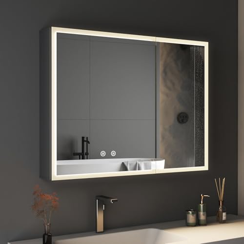 BD-Baode LED Beleuchtetes Badezimmer Spiegel Schrank 60 x 80 x 12,5 cm Spiegelschrank Badezimmer Spiegel mit 3 Farbtemperatur Dimmbare,Touchschalter,Stecker,Verstellbare Glasablage und Defog(MD) von BD-Baode