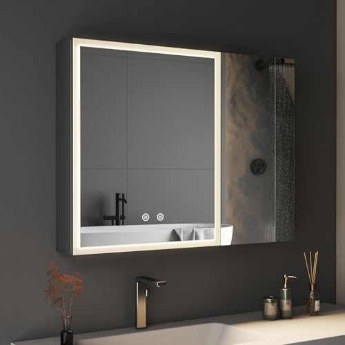 BD-Baode LED Beleuchtetes Badezimmer Spiegel Schrank 60 x 80 x 12,5 cm Spiegelschrank Badezimmer Spiegel mit 3 Farbtemperatur Dimmbare,Touchschalter,Stecker,Verstellbare Glasablage und Defog(MG) von BD-Baode